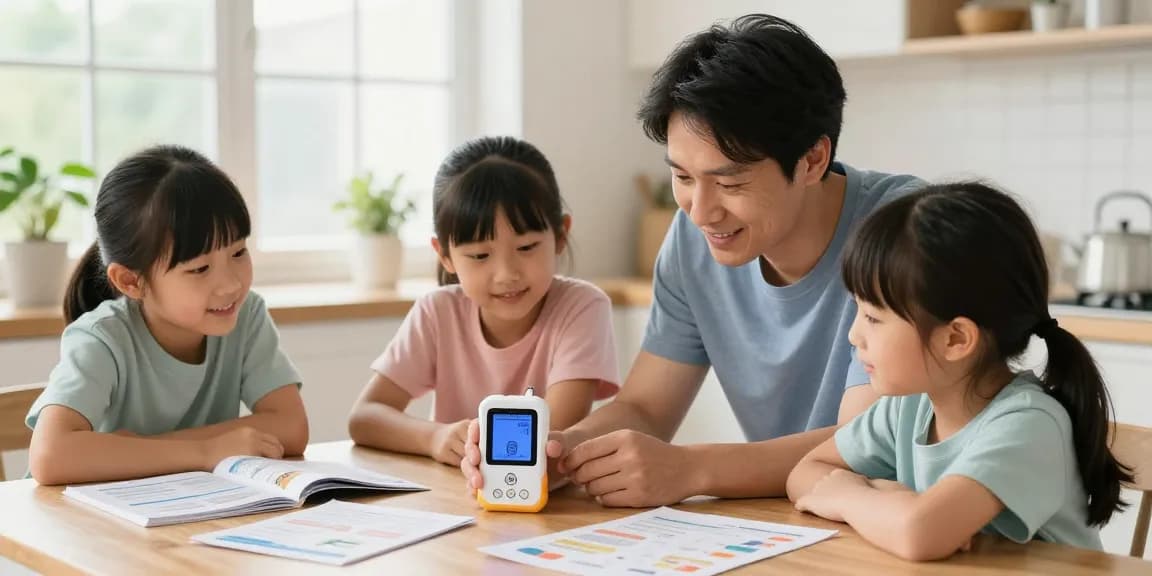 Familie testet Radon Messgerät in heller Küchenumgebung, Fokus auf Sicherheit und Gesundheit.