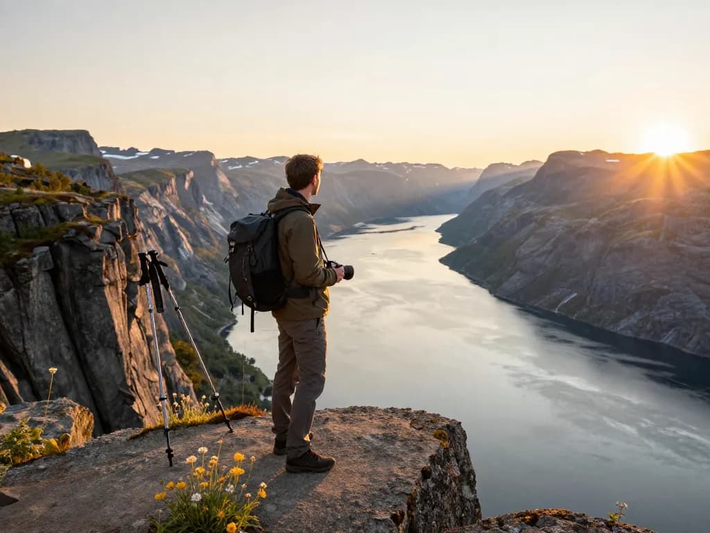 Urlaub in Skandinavien: Ein Reisender genießt einen atemberaubenden Sonnenuntergang über einem Fjord.