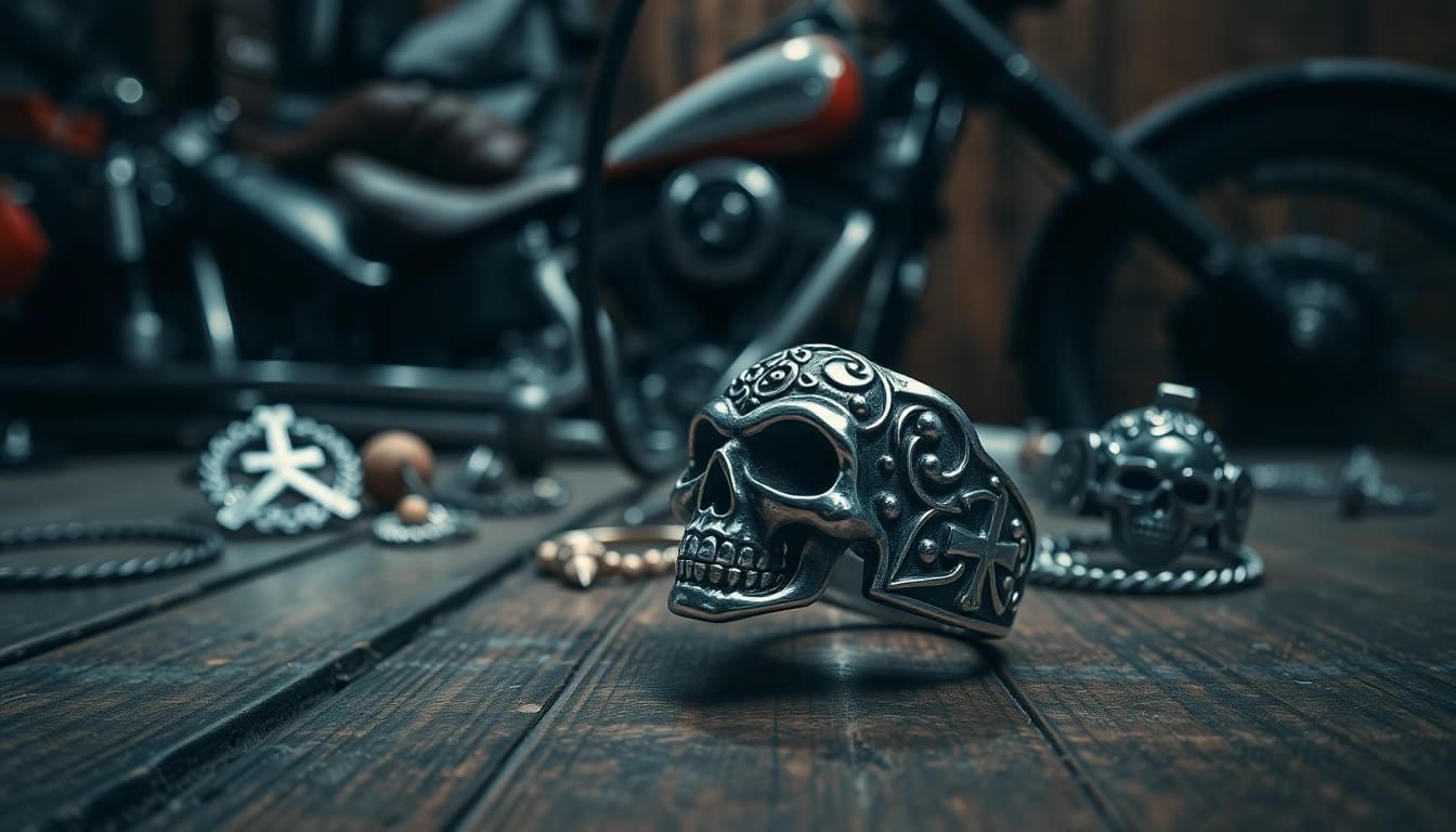 Biker jewelry collection with unique silver rings, showcasing intricate designs, displayed elegantly.