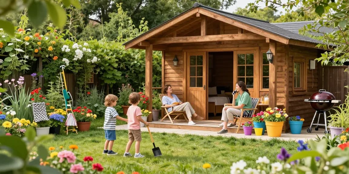 Ein gemütliches Gartenhaus und spielende Kinder im Garten, ideal für Gartenhäuser.