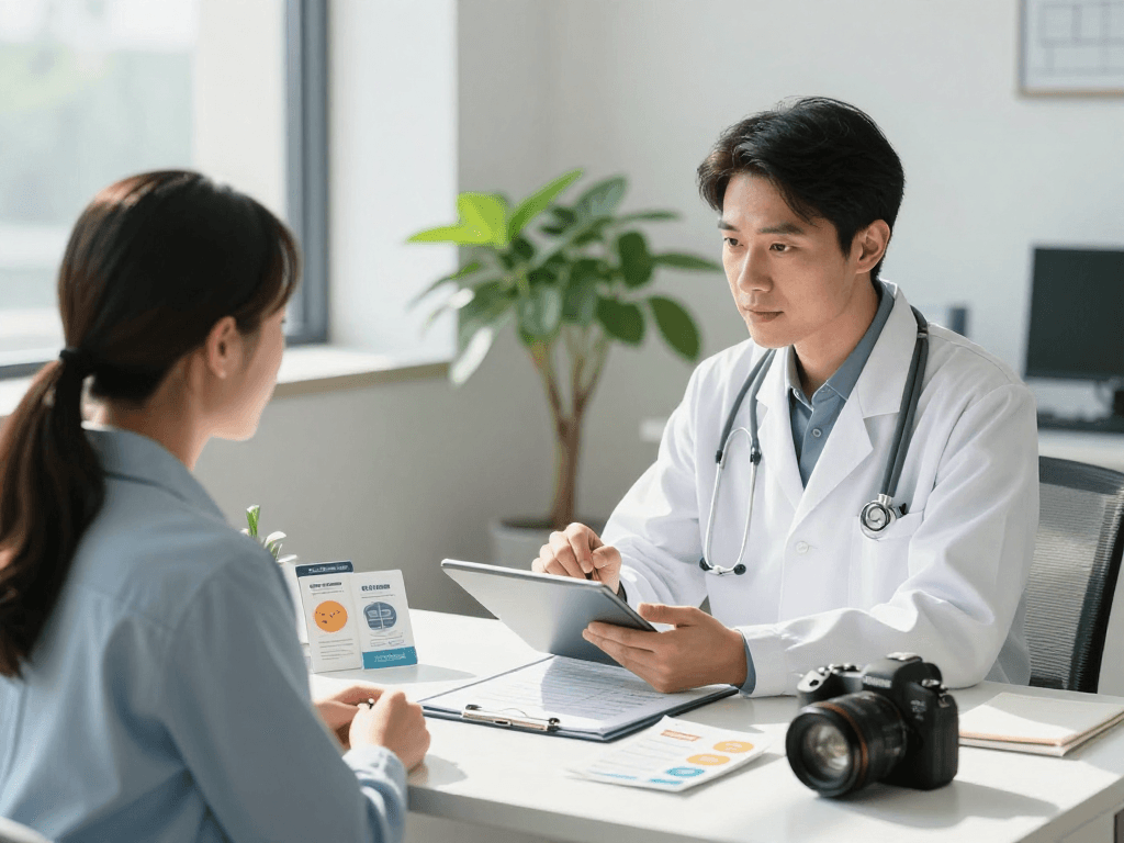 Healthcare professional discussing sensitive data in a modern medical setting, emphasizing Gesundheitswesen Arzt.