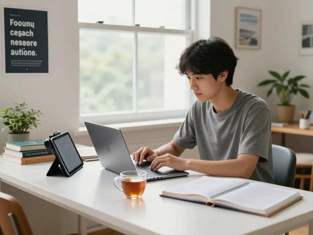 Student nutzt Hausaufgaben KI-Tools für Hausaufgaben mit Lehrbüchern in einem hellen Lernraum.