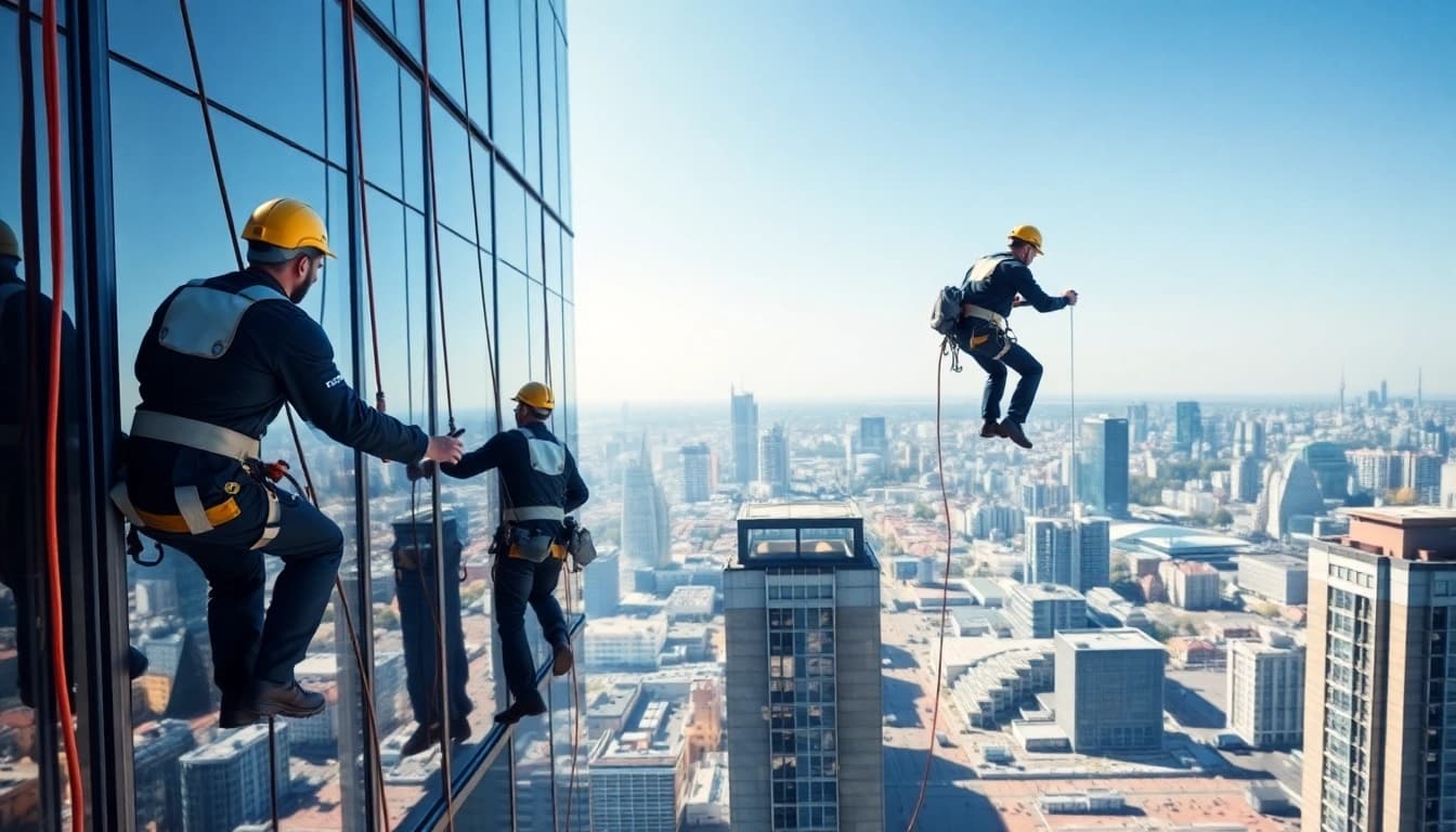 Fensterreinigung berlin: Professionelle Fensterputzer reinigen Hochhausfenster vor dem Berliner Stadtbild.
