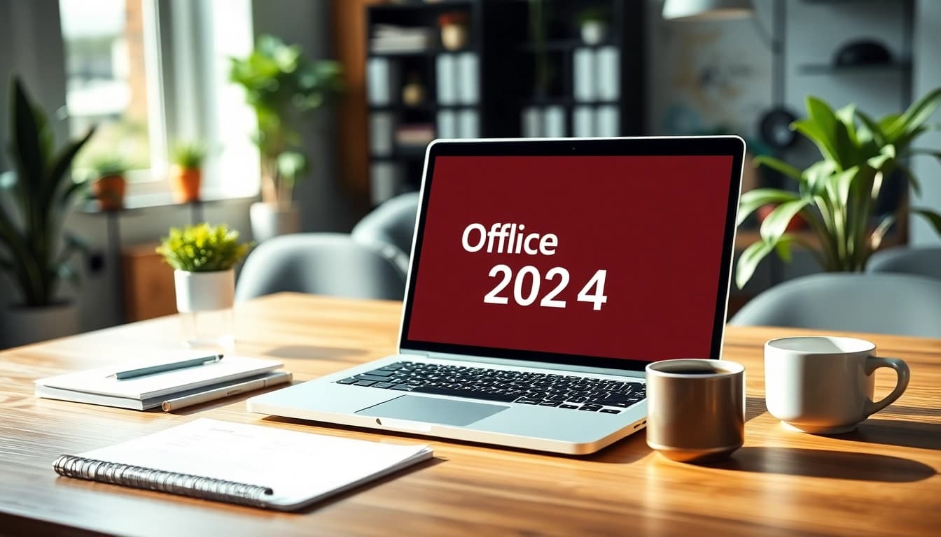 Professionelle Umgebung mit Lizenz für Microsoft Office Professional Plus 2024 auf einem Laptop und stilvollem Büromaterial