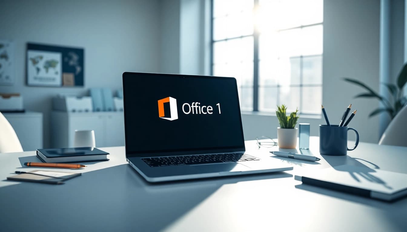 Nutzen Sie Office 2024 für Windows 11 auf einem modernen Laptop in einem eleganten Büro.