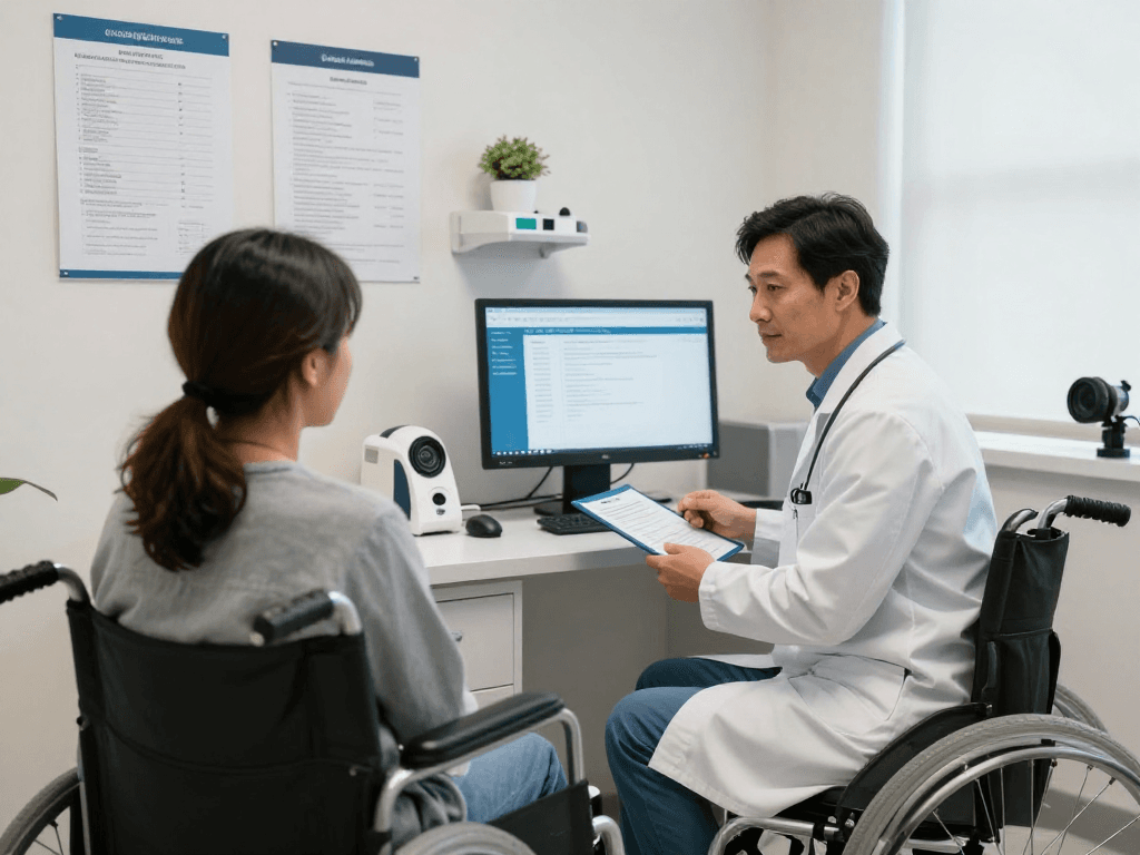 Gesundheitswesen Arzt in moderner Praxis, Patientengespräch zu Datenschutz und Barrierefreiheit.