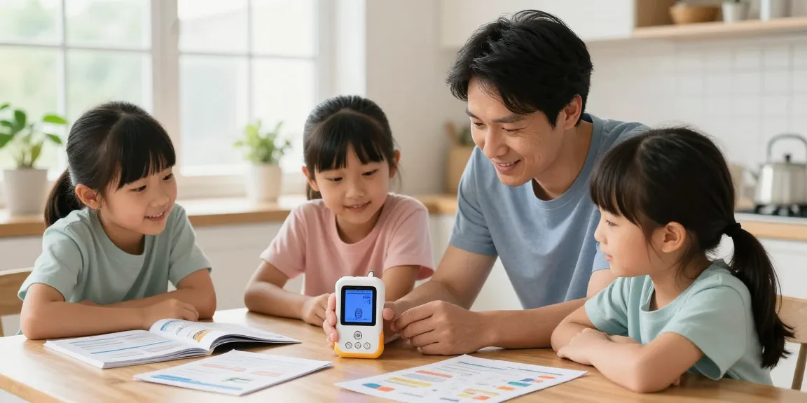 Familie testet Radon Messgerät in heller Küchenumgebung, Fokus auf Sicherheit und Gesundheit.