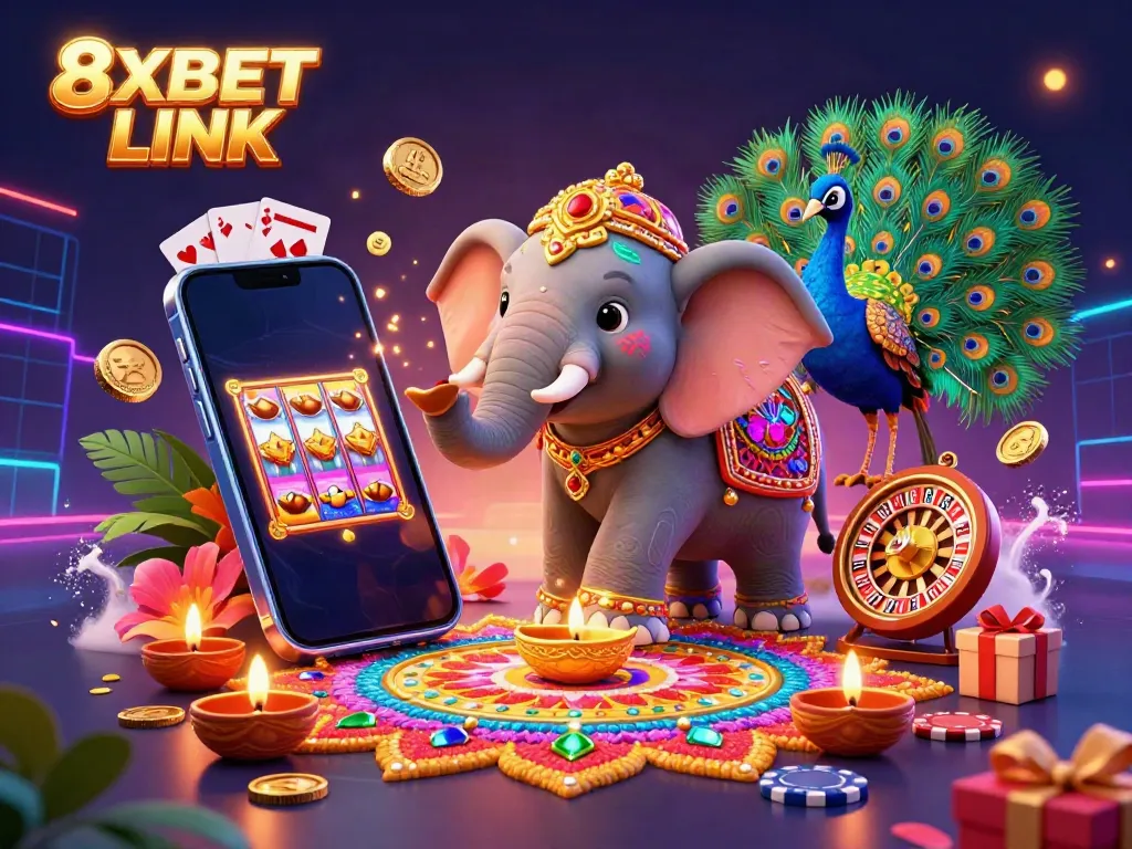 Experience thrilling gameplay with 8XBET LINK, featuring colorful slot games and festive elements.