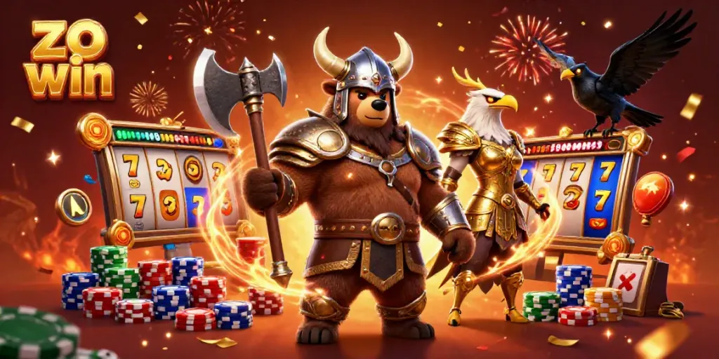 Engage in thrilling gameplay with zealous characters and vibrant slot elements in this zo win illustration.