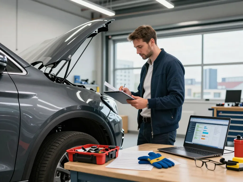 Kfz Gutachter Bonn inspiziert ein beschädigtes Fahrzeug in einer hellen Autowerkstatt.
