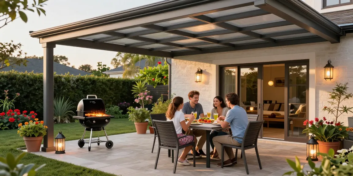 Familie mit Terrassenüberdachungen beim Sommergrillen auf der Terrasse, elegante Aluminiumüberdachung im Hintergrund.