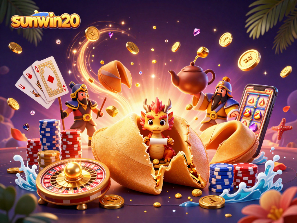 Engage with sunwin20: A vibrant 3D casino scene bursting with golden fortune, coins, and playful characters.