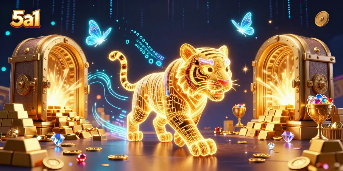 Experience thrilling wins at 5a1 with a neon tiger prowling a vibrant casino landscape.