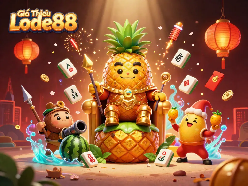 Experience Giới Thiệu Lode88 through a vibrant casino scene showcasing a golden pineapple king and dynamic characters.