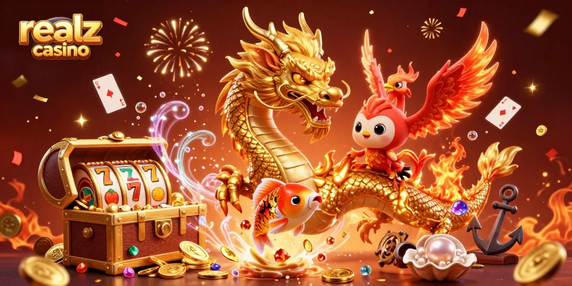 Experience realz casino excitement with a dazzling scene of a dragon, phoenix, and koi fish amidst coins and slots.