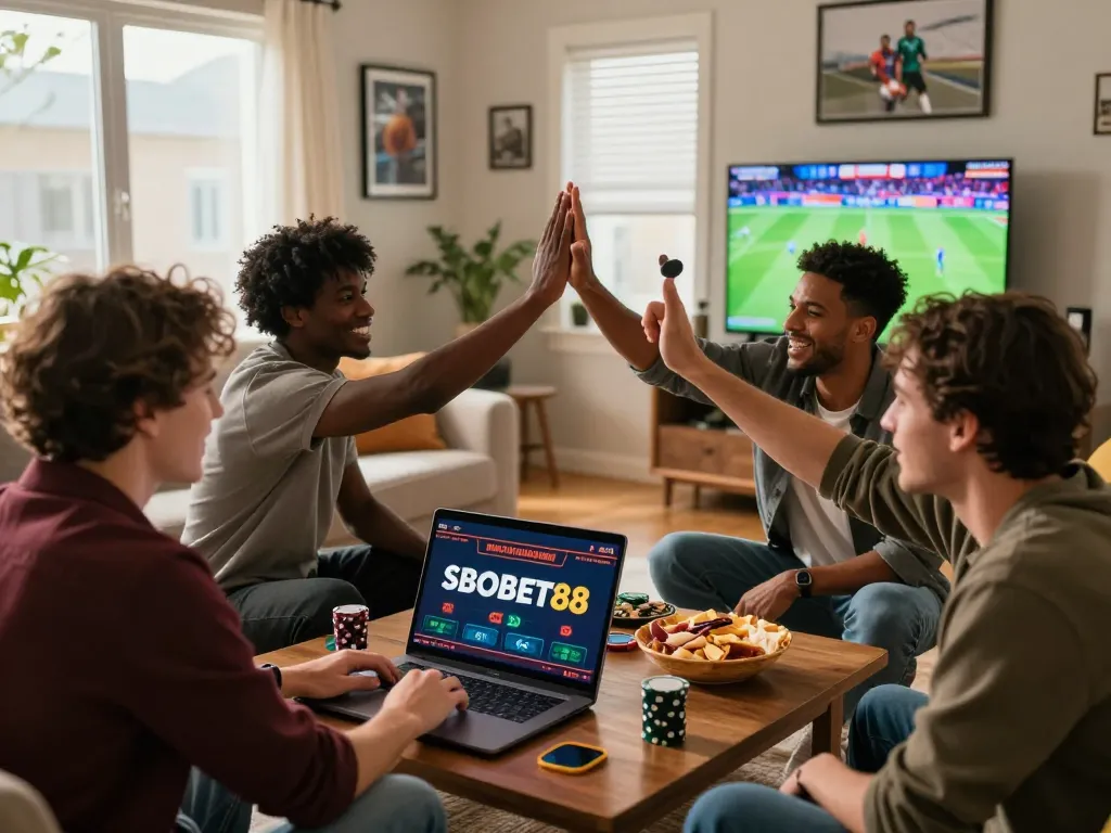 SBOBET88 online betting scene with friends celebrating sports bets in a cozy living room.