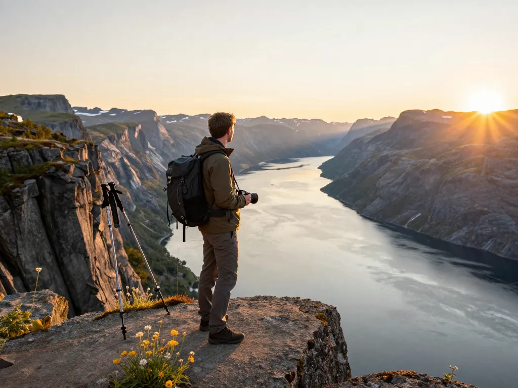 Urlaub in Skandinavien: Ein Reisender genießt einen atemberaubenden Sonnenuntergang über einem Fjord.