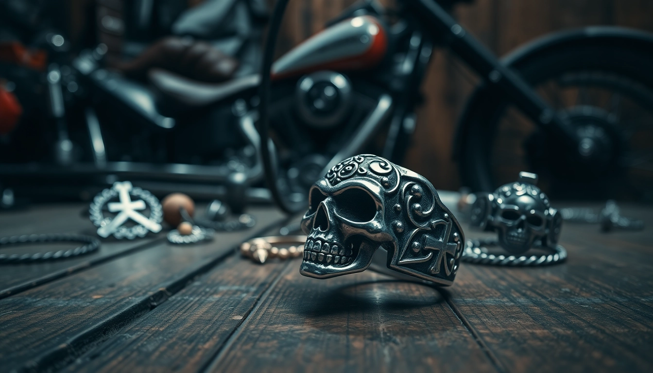 Biker jewelry collection with unique silver rings, showcasing intricate designs, displayed elegantly.