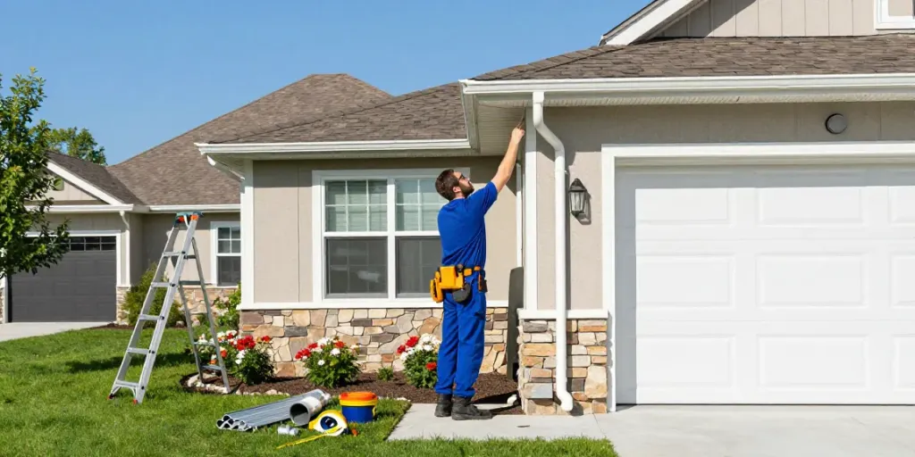 Installing Spokane gutters on a house, showcasing seamless construction and a well-maintained yard.