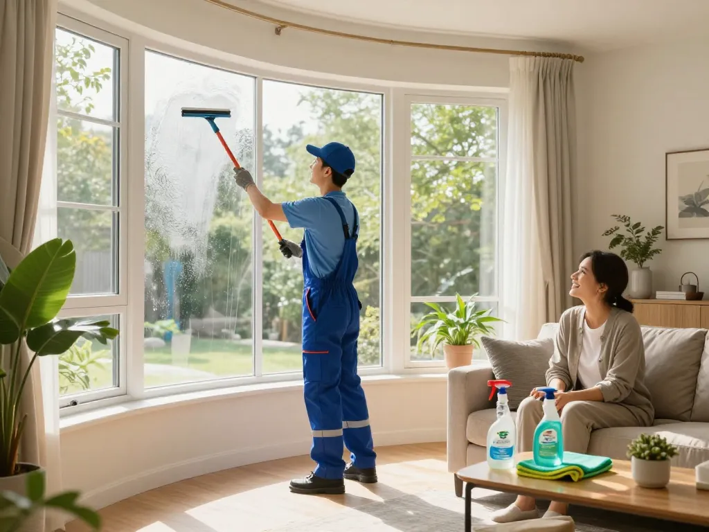 Zuverlässiger Fensterreiniger in Ihrer Nähe, der das Glas in einem hellen Wohnzimmer strahlend sauber macht.