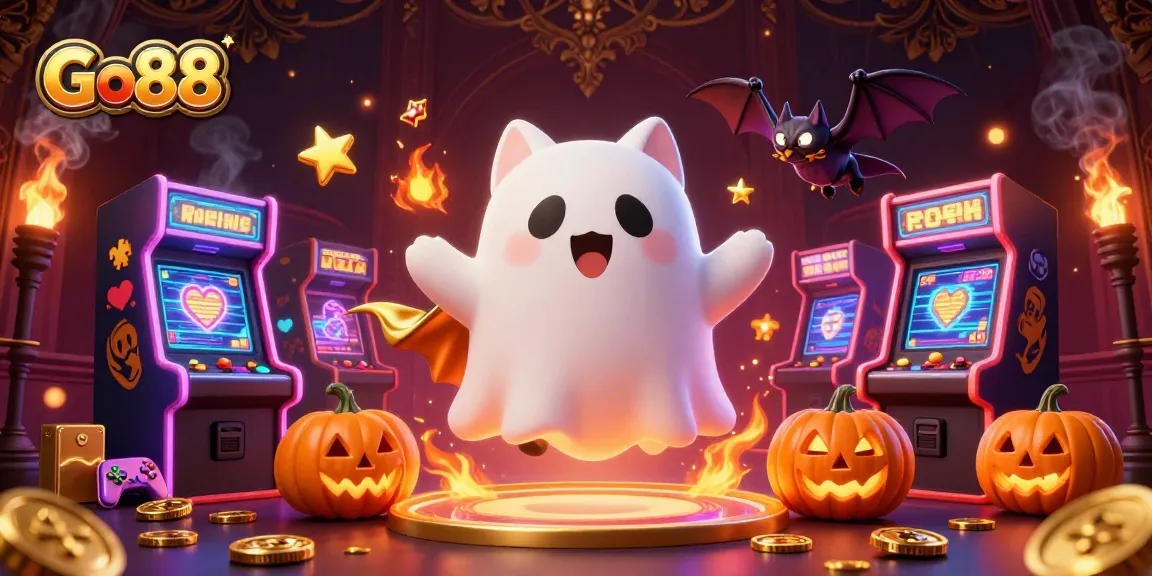 Experience thrilling gameplay with Go88 at a haunted casino featuring ghostly characters and vibrant slot machines.