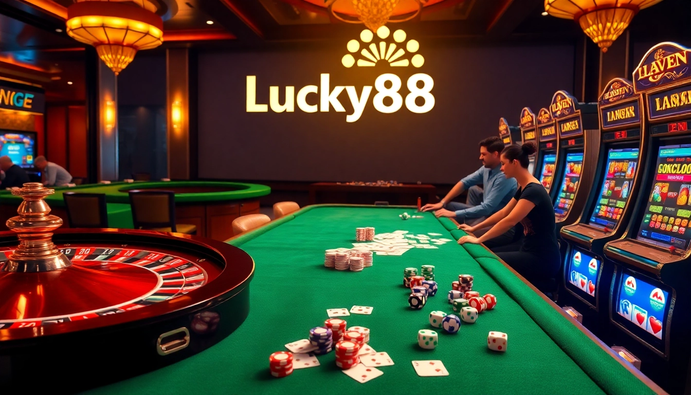 Excited players enjoying the Lucky88 casino experience with roulette and poker tables.