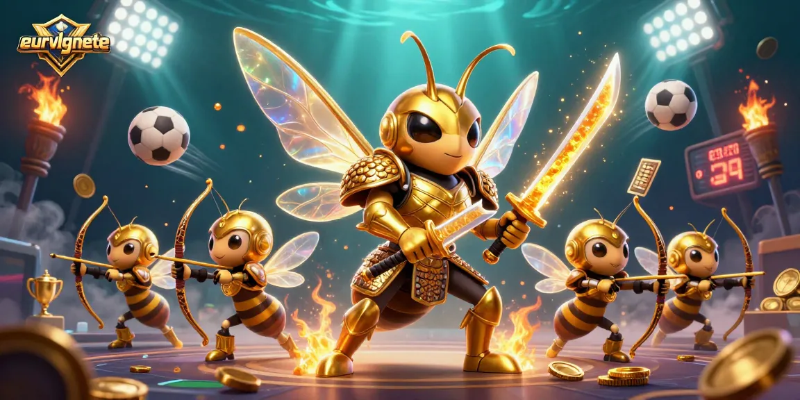 Engage with eurvlgnete in an epic 3D sports-themed illustration featuring a golden hornet and dynamic elements.