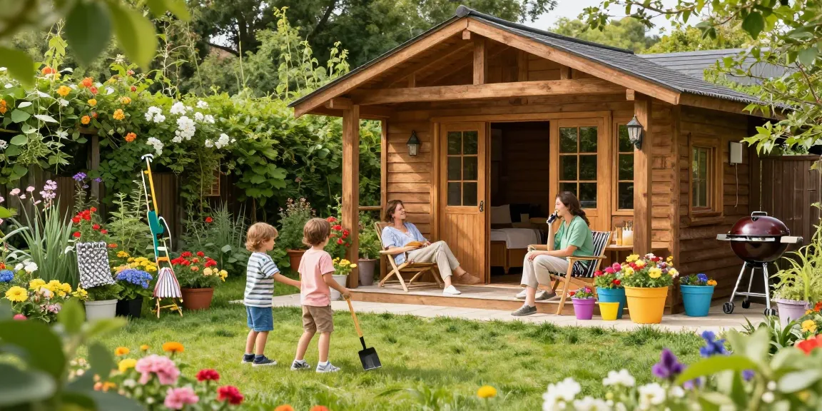 Ein gemütliches Gartenhaus und spielende Kinder im Garten, ideal für Gartenhäuser.