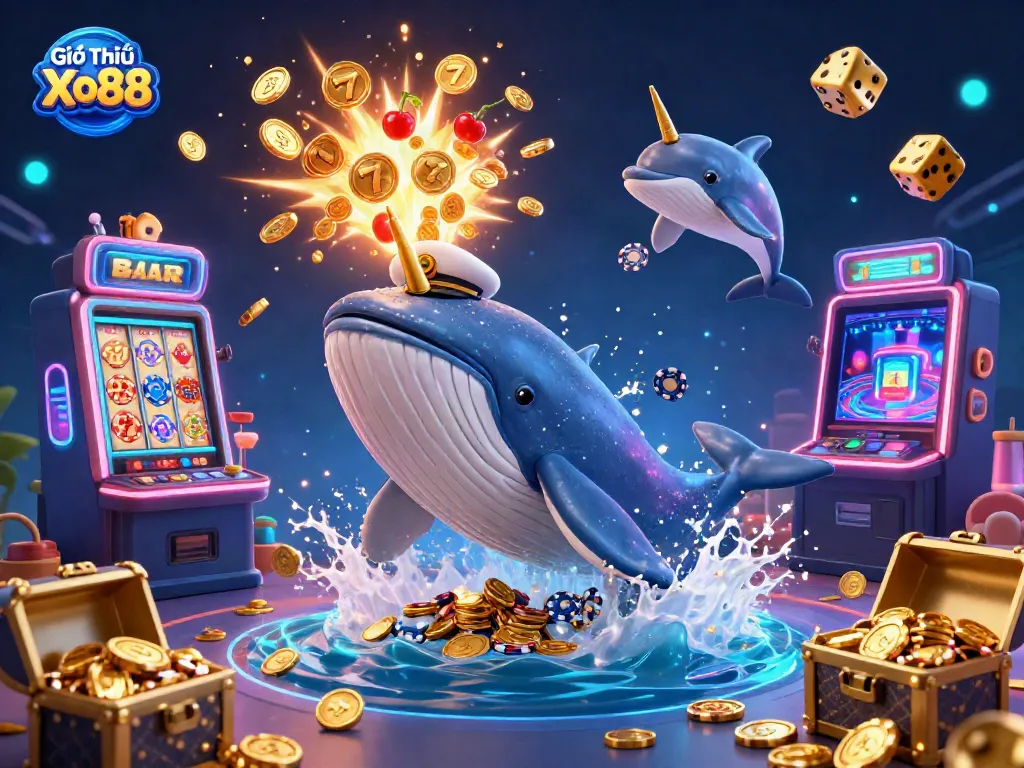 Experience the excitement with Giới Thiệu Xo88's vibrant casino scene featuring whales and playful dolphins amidst a jackpot!