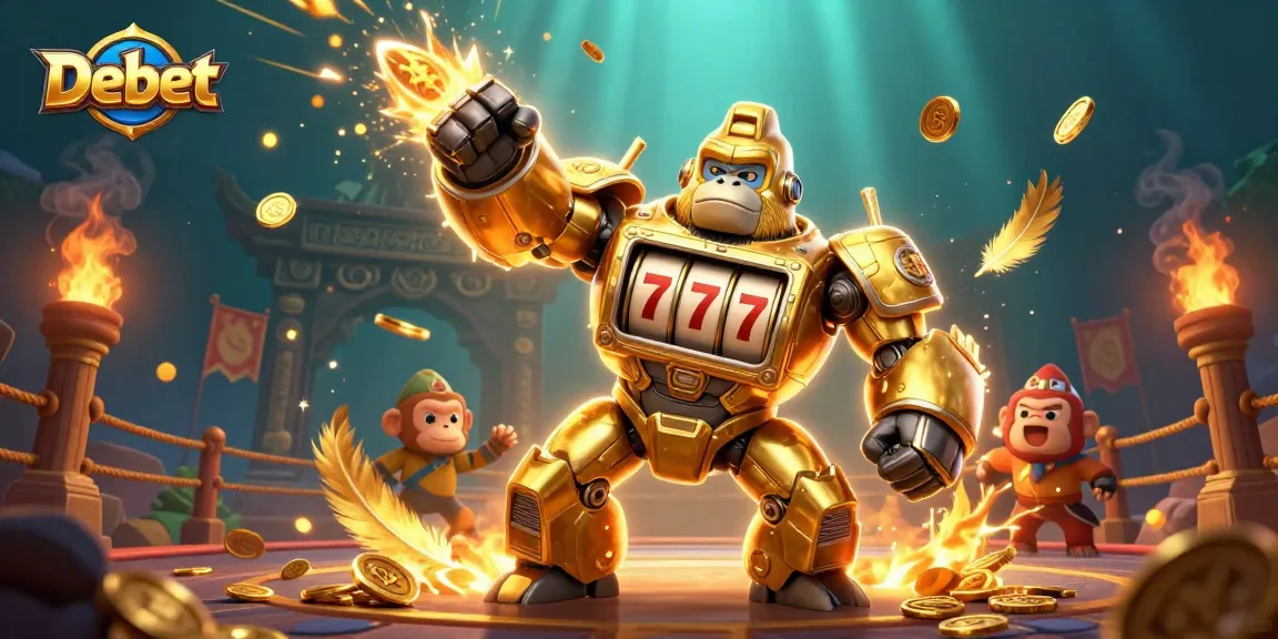 Debet showcases an epic no-limit slot victory with golden gorilla mech surrounded by casino elements.