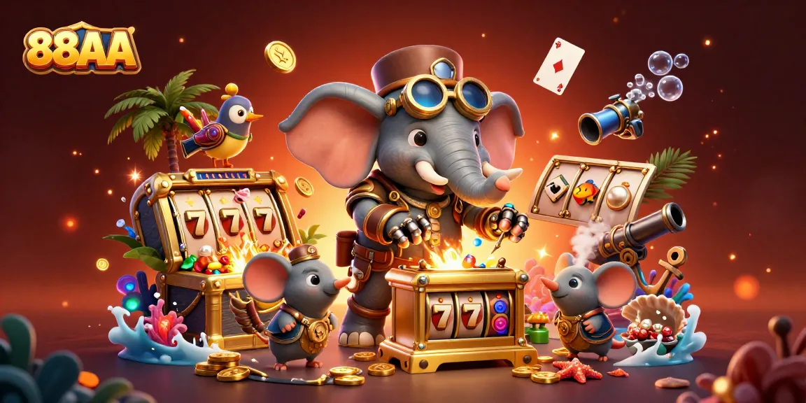 88AA slots action scene with steampunk elephant and golden slot machine bursting with winnings.
