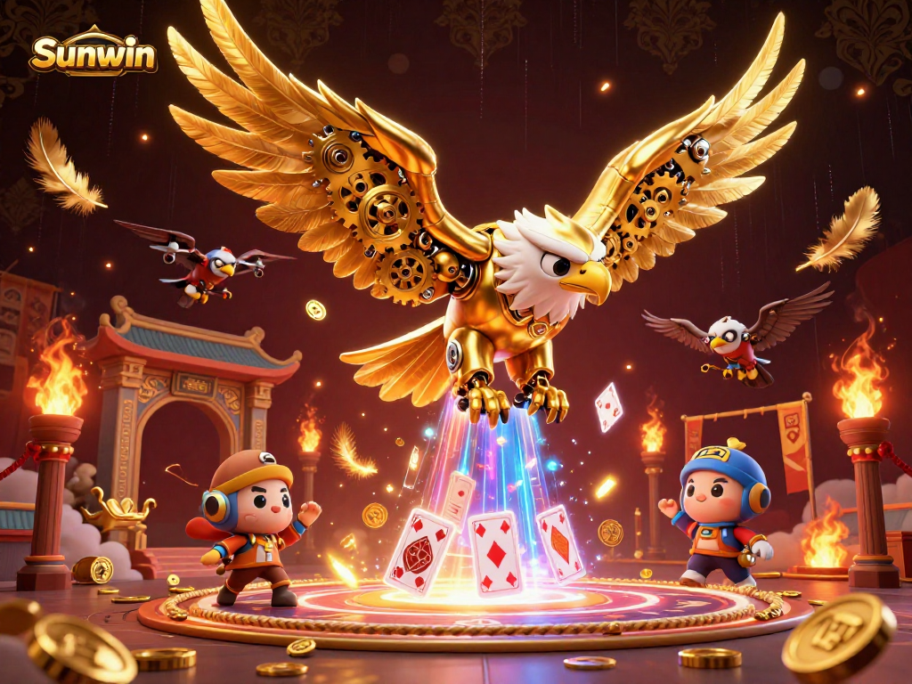 Experience exhilarating gaming with Sunwin, featuring a cybernetic golden eagle amidst holographic cards and dynamic action.