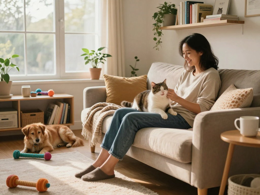 Explore pet companionship at https://www.bijousbill.com, featuring a joyful owner with a cat and dog in a cozy setting.