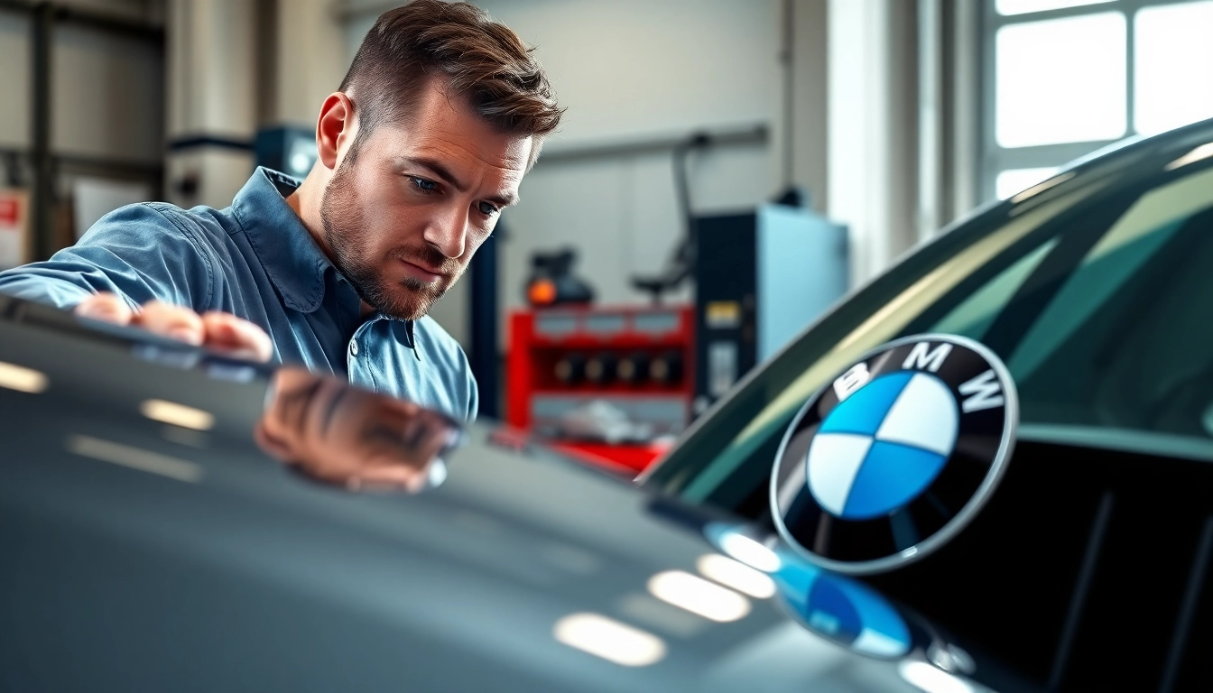 BMW Spezialist prüft ein Fahrzeug in einer modernen Werkstatt mit hochwertiger Ausrüstung.
