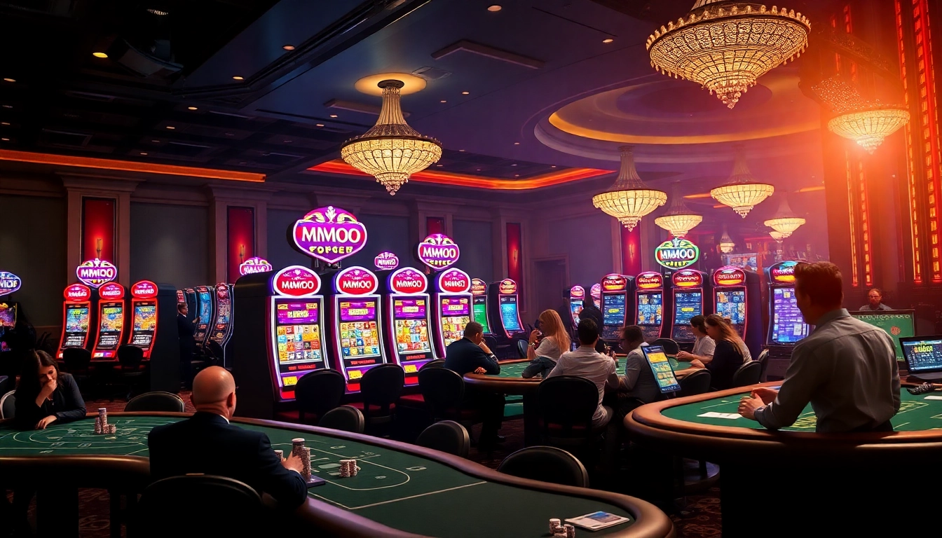 Experience thrilling MMOO gameplay at a luxurious casino with vibrant slot machines and engaging card tables.