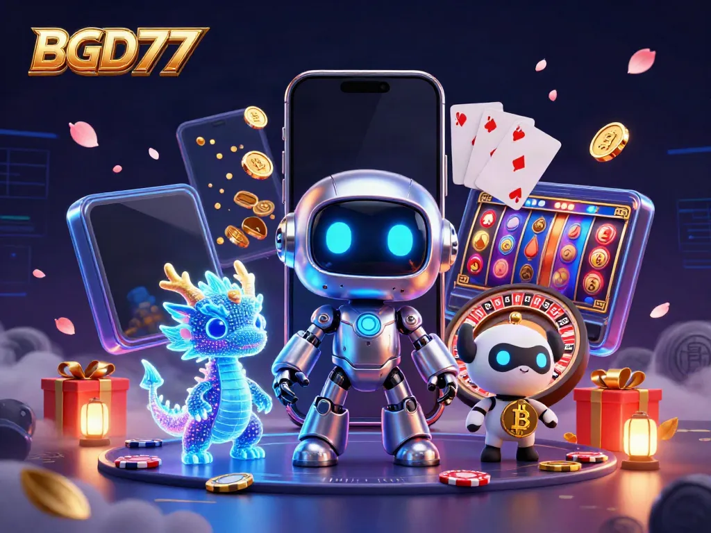 Experience thrilling gameplay at BGD77 with a futuristic casino scene featuring vibrant characters and games.
