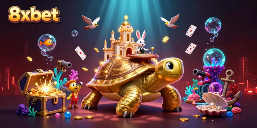 Experience the vibrant excitement of 8xbet with a golden tortoise casino illustration showcasing dynamic gaming elements.