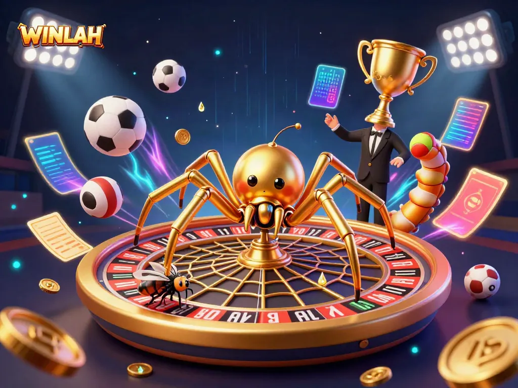 Experience the thrill at WINLAH, where a golden spider spins a roulette wheel while the fly bets nervously amidst sports excitement.