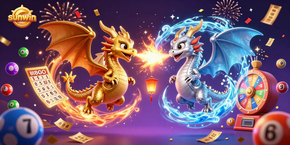 Experience the exhilarating sunwin lottery with dynamic dragons and vibrant gaming elements.