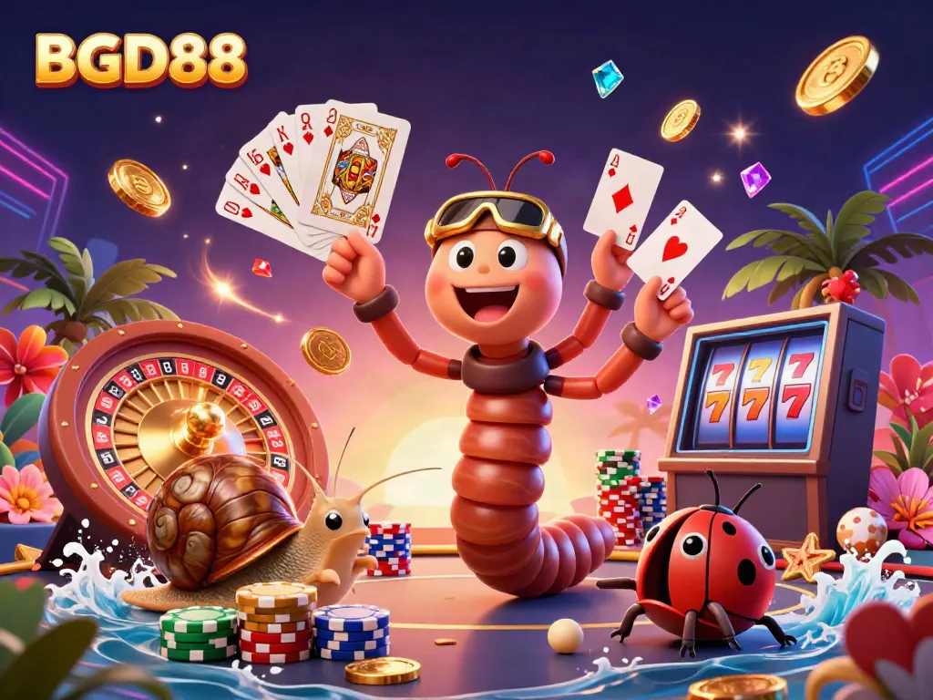 Experience thrilling gaming with BGD88, featuring a whimsical dealer and animated characters in a lively casino scene.