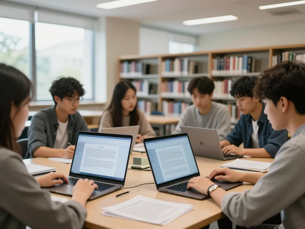 Students using ki detektor bachelorarbeit software to analyze their texts in a university environment.