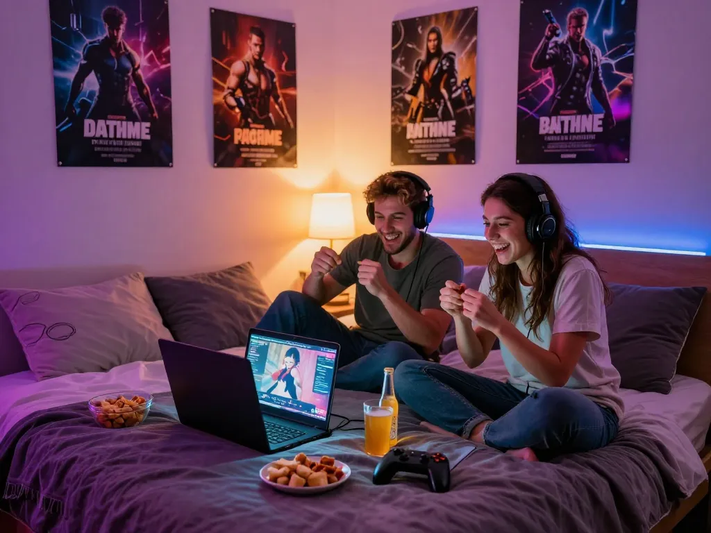 Friends enjoying an online porn game in a cozy bedroom setting, colorful lights, and snacks around.