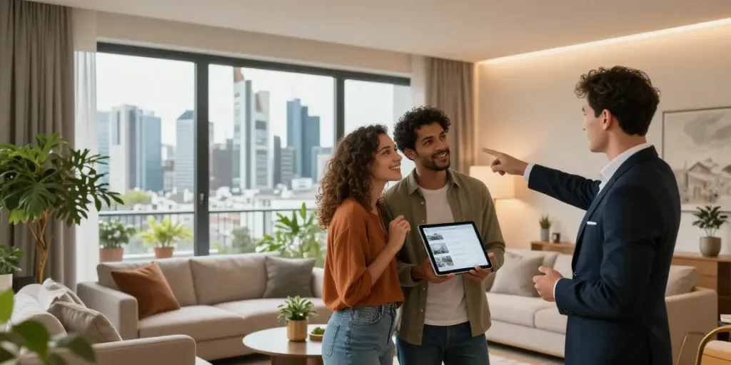 Bester Immobilienmakler Frankfurt zeigt modernes Apartmentpaar mit Agenten in Frankfurt