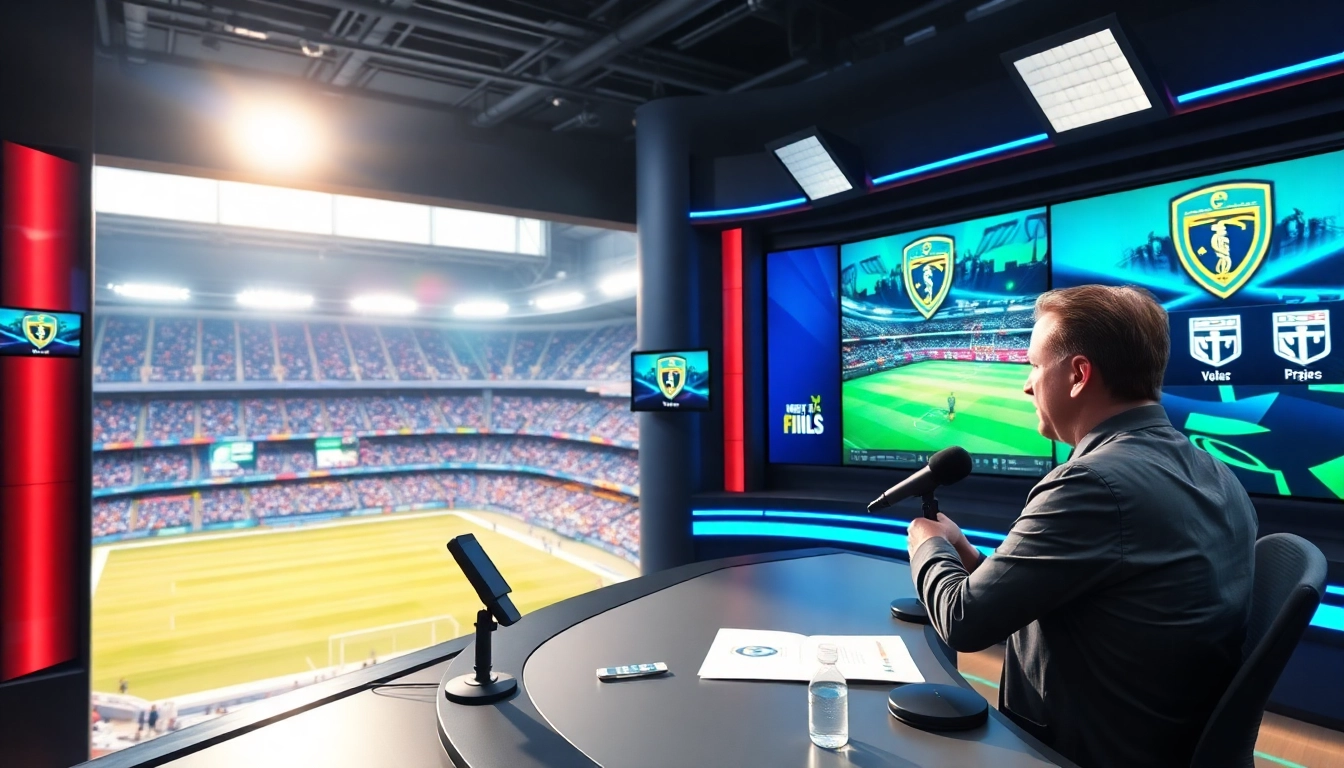 Engaging sports broadcasting scene featuring hosts and live event displays.