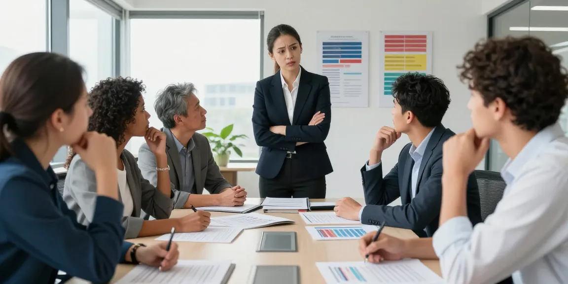 Dysfunktionale Teamführung erkennen: Team diskutiert frustriert in modernem Büro.