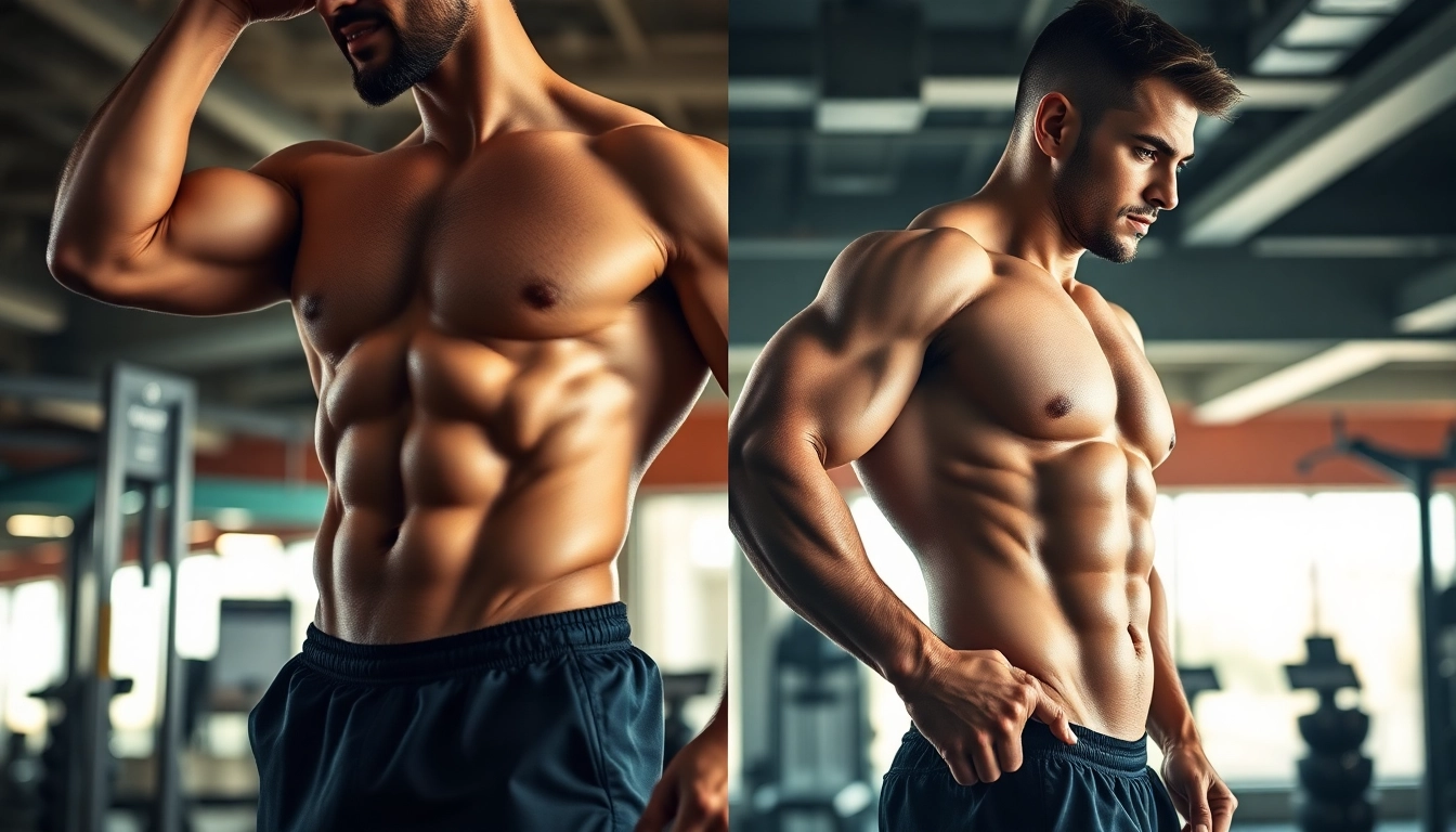 Fitness transformation testo vorher nachher mit beeindruckenden Muskelaufbau und motivierendem Hintergrund.
