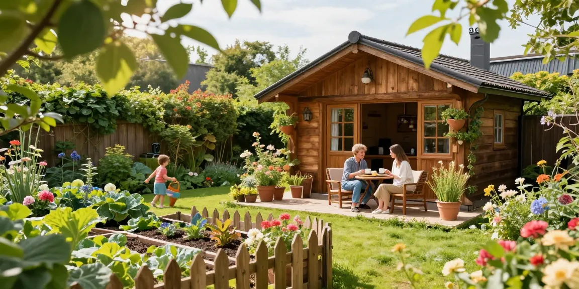 Garten Haus in einem blühenden Garten, ideal für Entspannung und Familie.