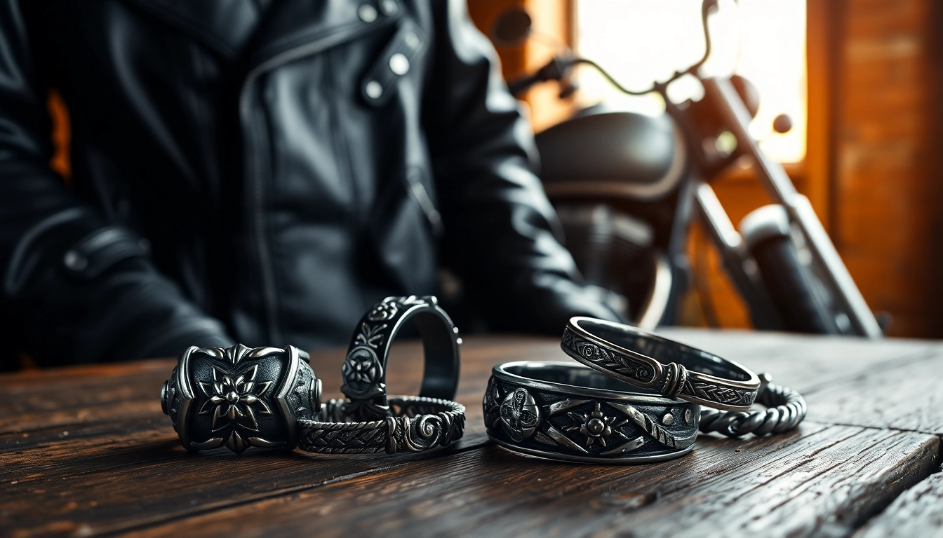 Biker jewelry displayed uniquely with intricate designs for motorcycle enthusiasts.