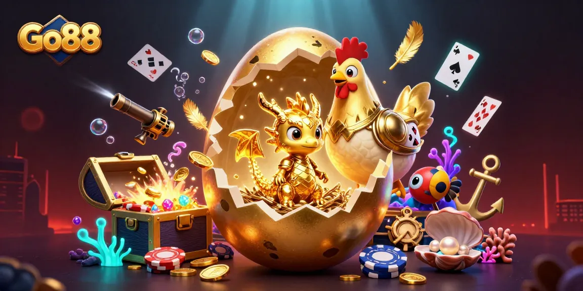 Experience the thrill of Go88 with a golden dragon guarding poker chips amidst underwater treasures.