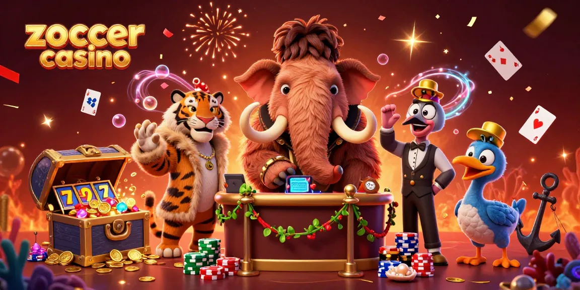 Zoccer casino featuring a woolly mammoth bouncer and vibrant slots scene with winning elements